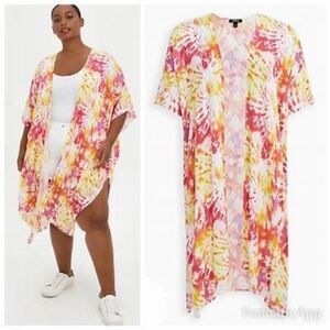 Torrid Kimono Women 1X Pink Yellow Tie Dye Rayon Side Tie Longline Cardigan Boho